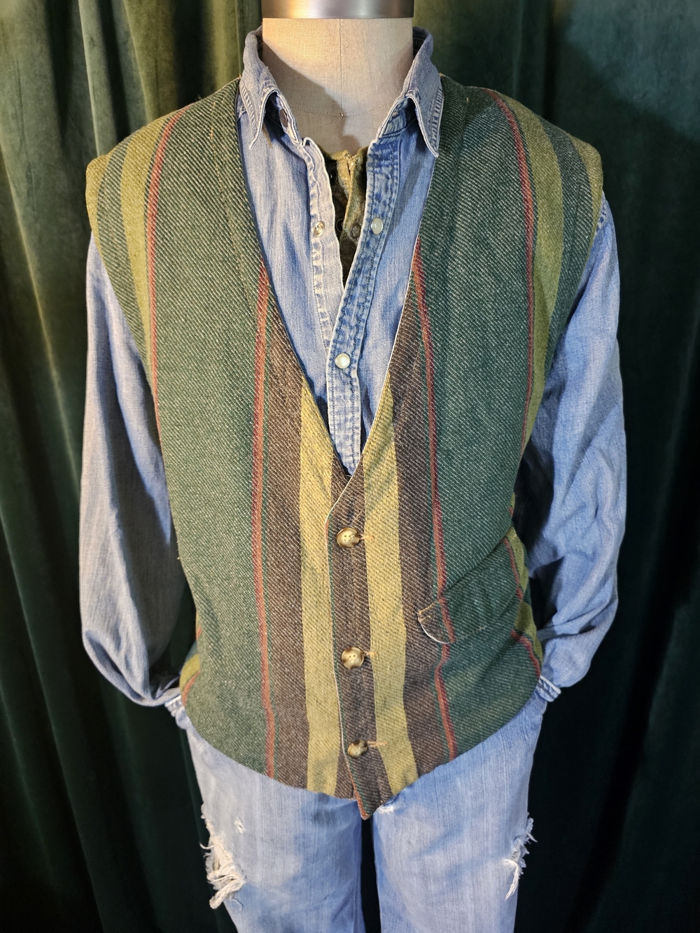 UNIONBAY Green Striped Wool Vest with Yellow & Red Accents
